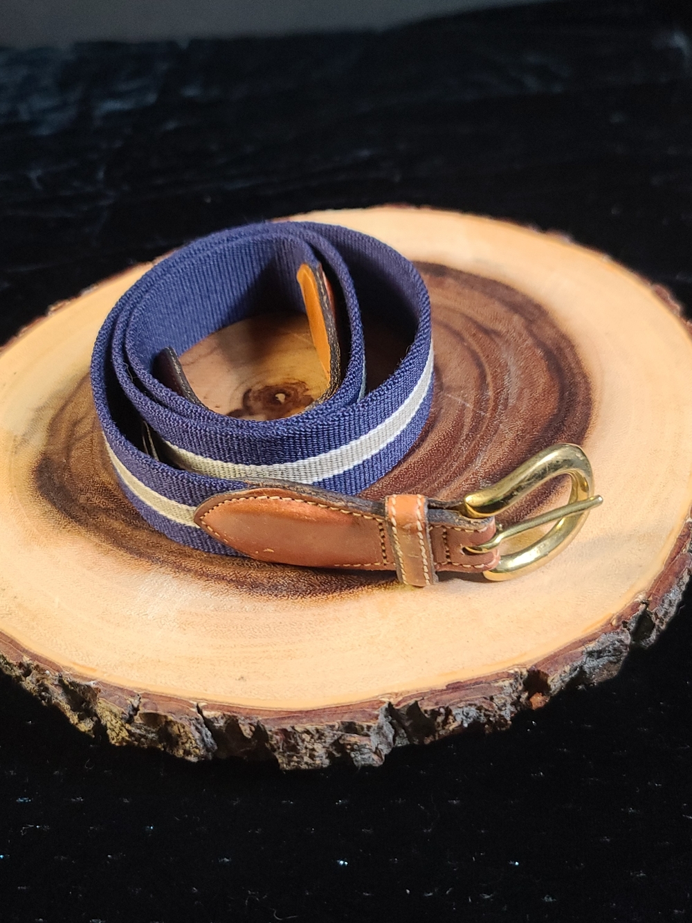 Trafalgar Navy and White Striped Canvas Belt with Brown Leather Trim